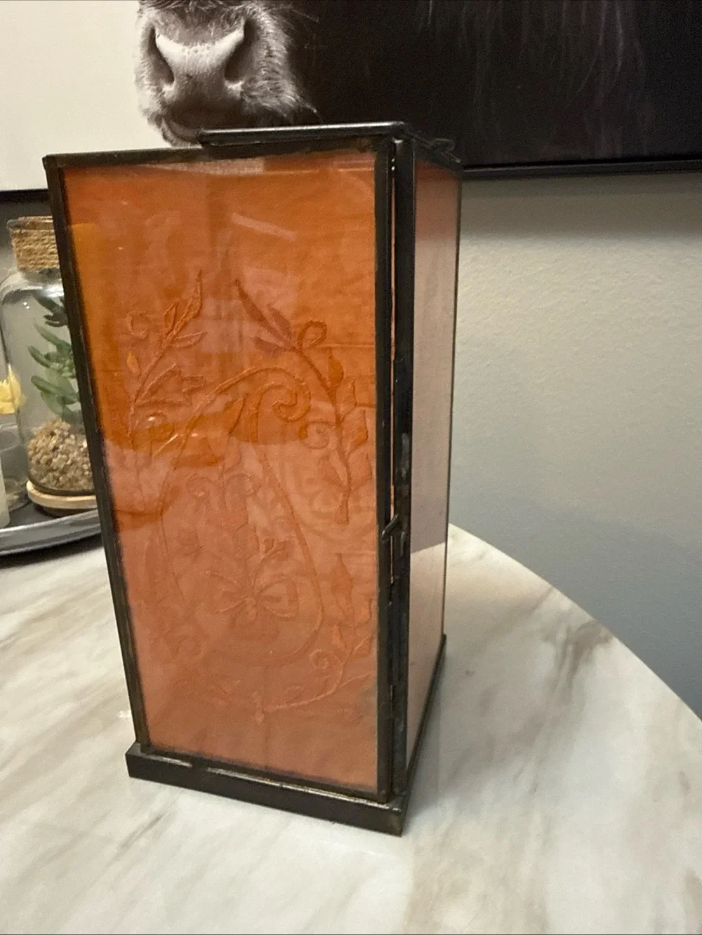 Square lantern paper thin stitching inside glass